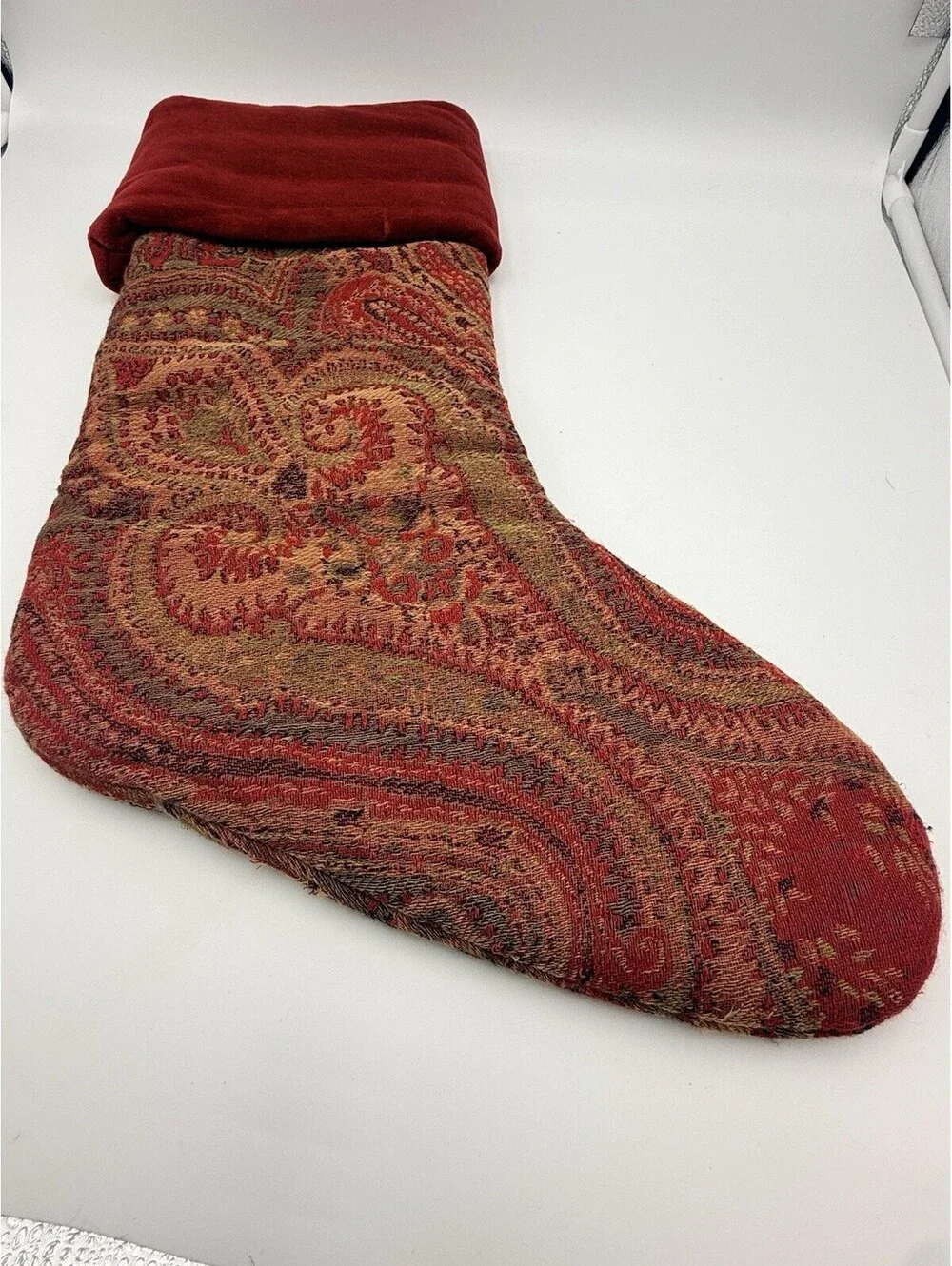 Pottery Barn Tapestry x 2 Lot Christmas Stocking Red Paisley Velvet Cuff VTG
